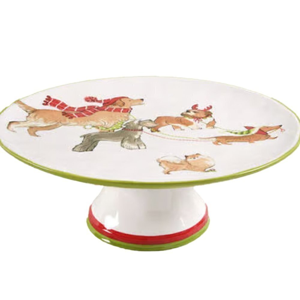 Pier 1 Park Avenue Puppies Christmas Cake Hand Painted Ironstone Dessert Stand